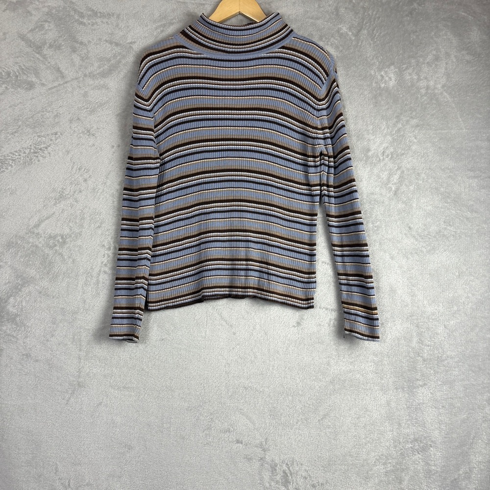 Denver Hayes Sweater Mock Neck Ribbed Stripe Large Blue Brown Y2K 90s Comfort